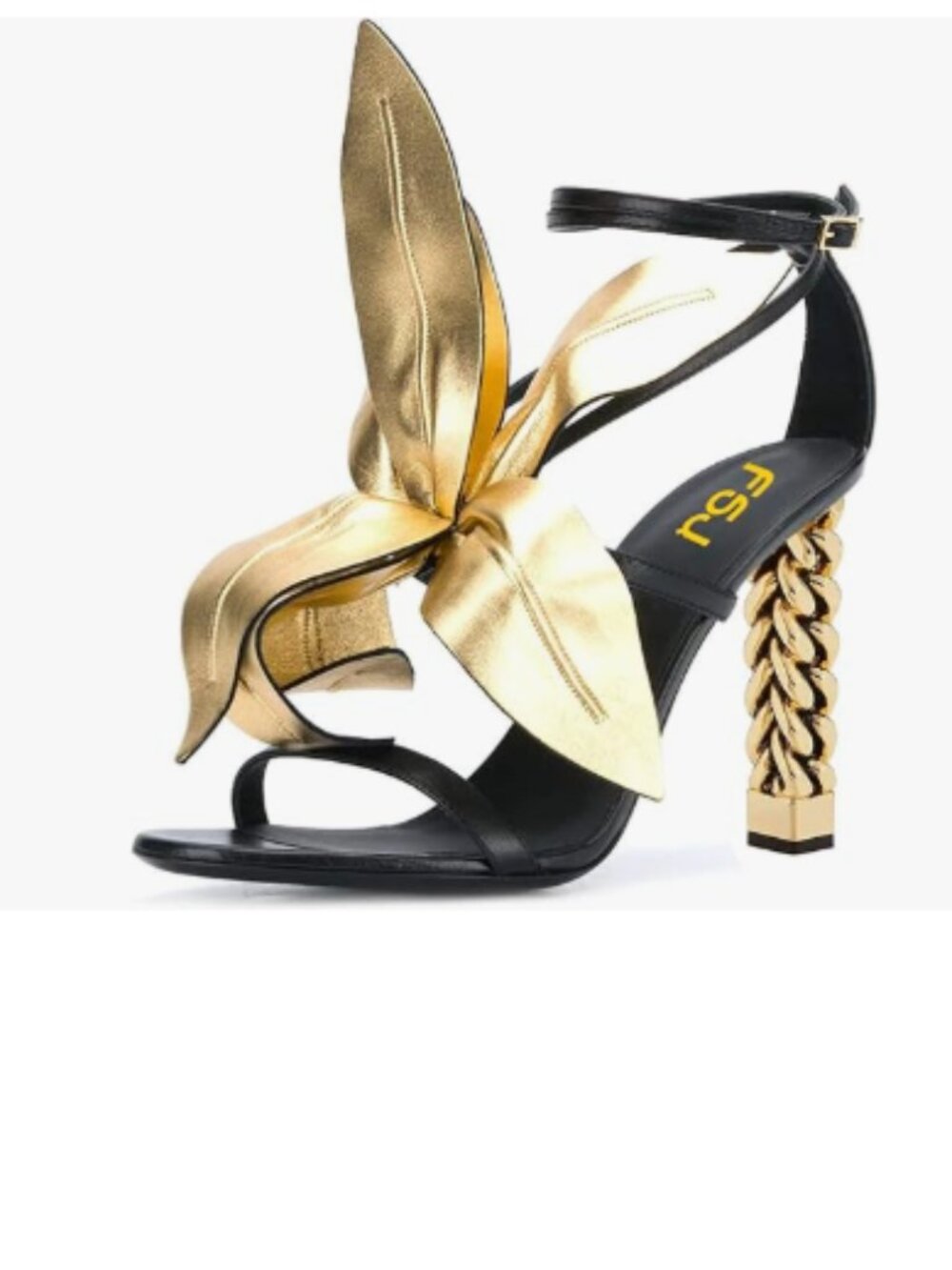 FSJ Black-winemill Gold Metal Chain Chunky High Heels Ankle Strap Sandals